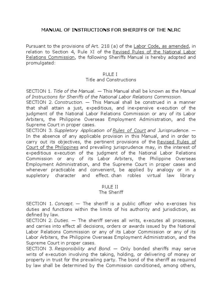 Manual of Instructions For Sheriffs of The NLRC | PDF | Sheriffs In The ...
