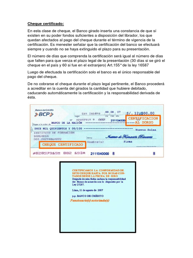 Cheque Certificado y de Gerencia  Cheque  Bancario