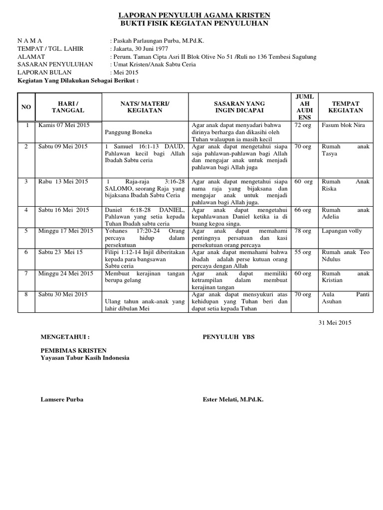 Mei Laporan Penyuluh Agama Kristen Docx