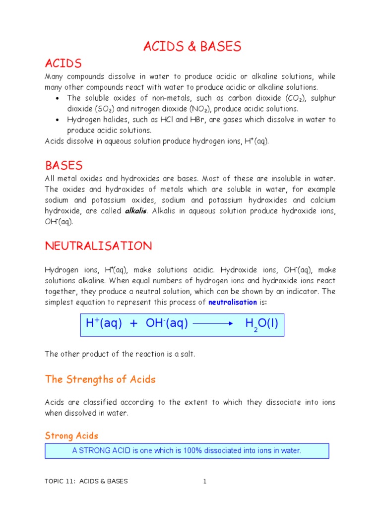Acids and Bases Notes Hydroxide Acid