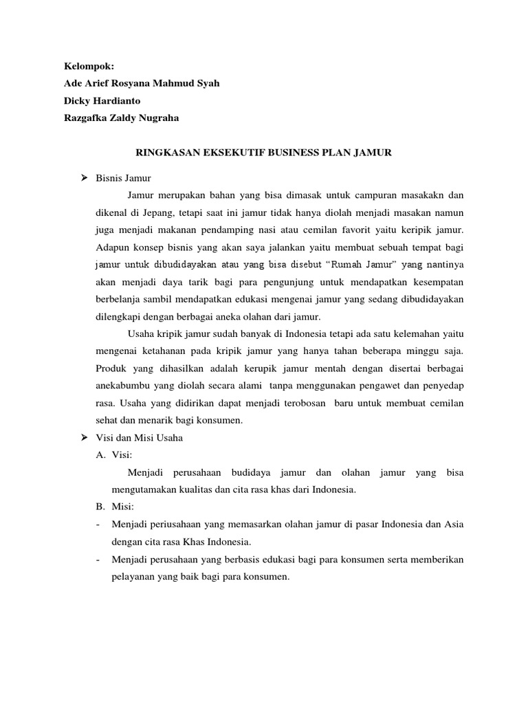 Ringkasan Eksekutif Business Plan Jamur