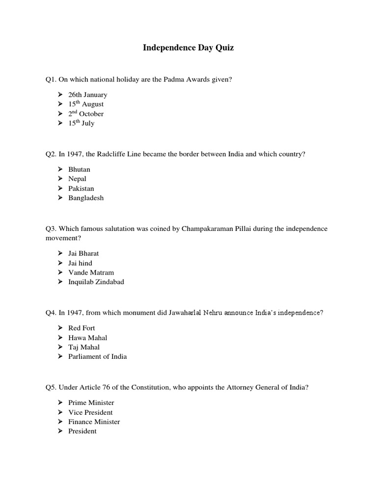 Independence Day Quiz PDF Jawaharlal Nehru Resistance To The