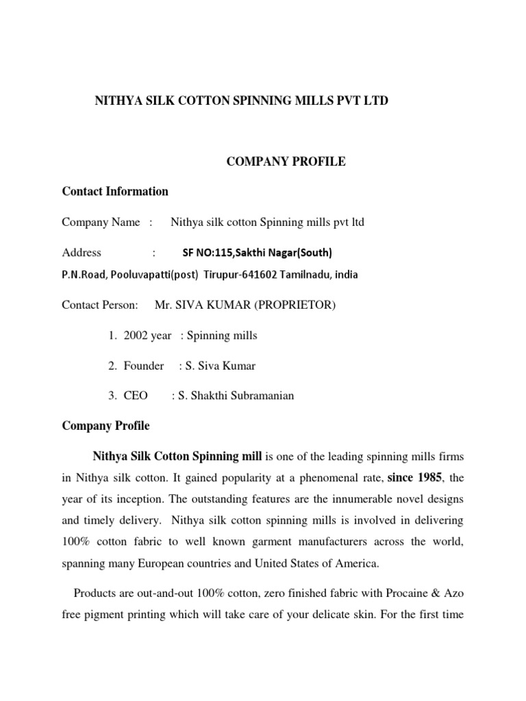 A Comprehensive History of the Nithya Silk Cotton Spinning Mills Pvt Ltd and the Evolution of