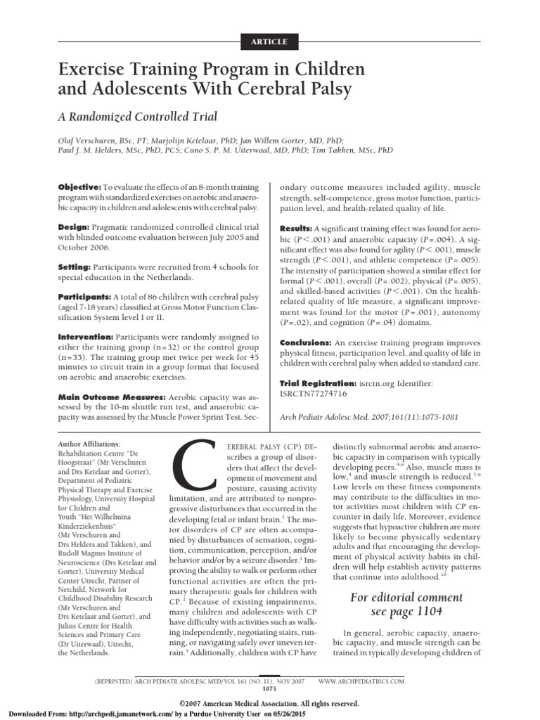 Exercise Training Program in Children and Adolescents With Cerebral ...