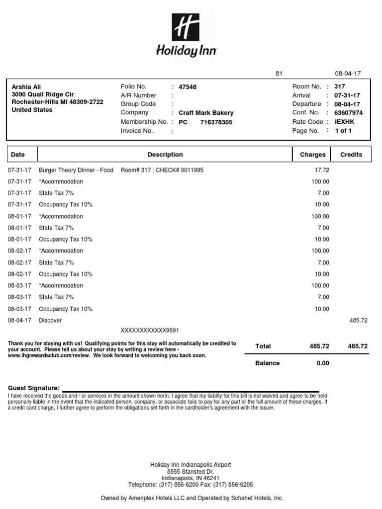 Holiday Inn Indianapolis Invoice | PDF | Credit Card | Payments