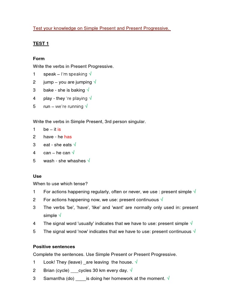 Simple Present vs Present Progressive Test | PDF | Onomastics | Rules