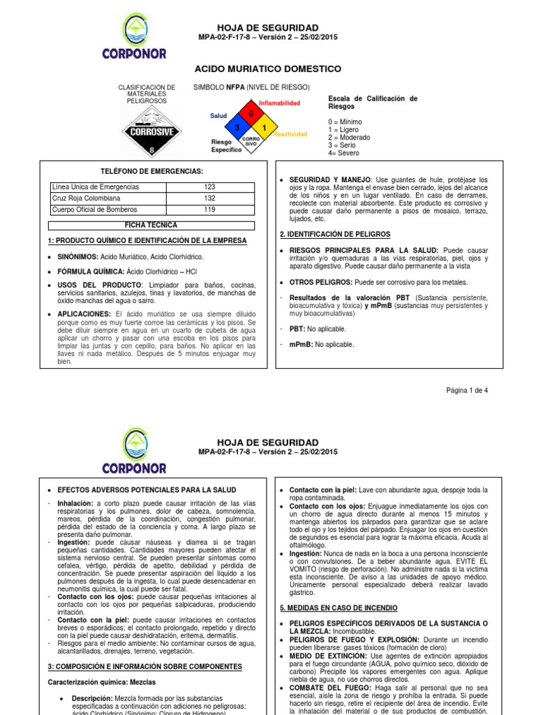 Hoja de Seguridad Acidomuriatico Domestico PDF PDF Ácido clorhídrico Cloro