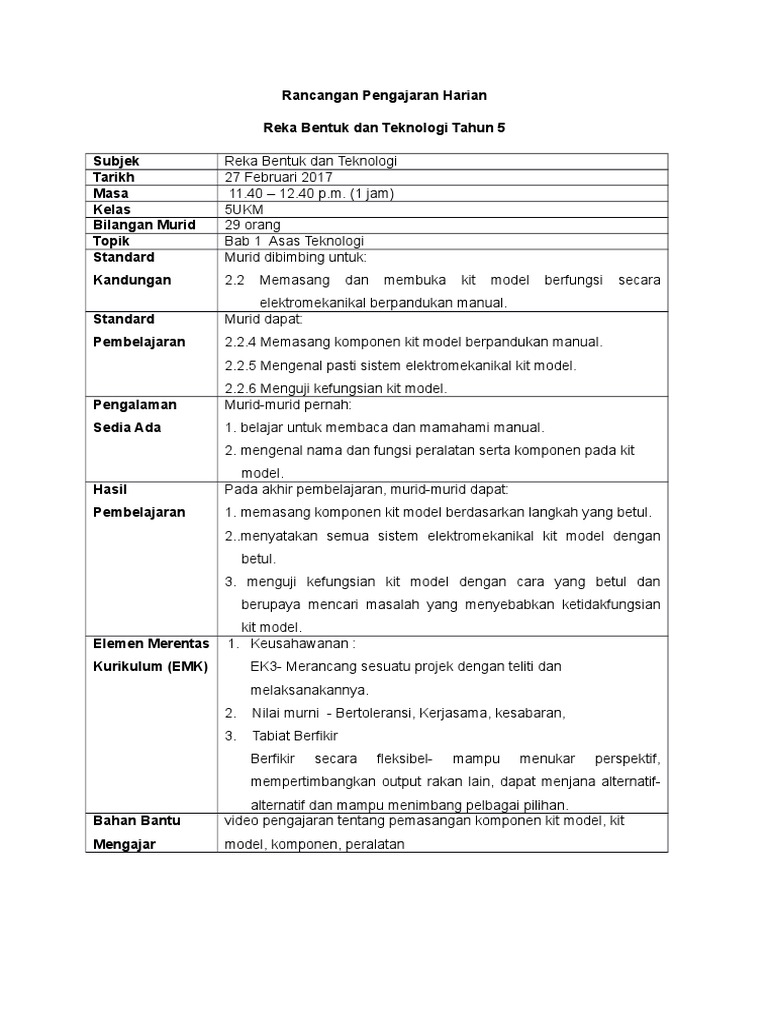 RPH RBT Tahun 5 (Menguji Kit Model) | PDF | Komputer