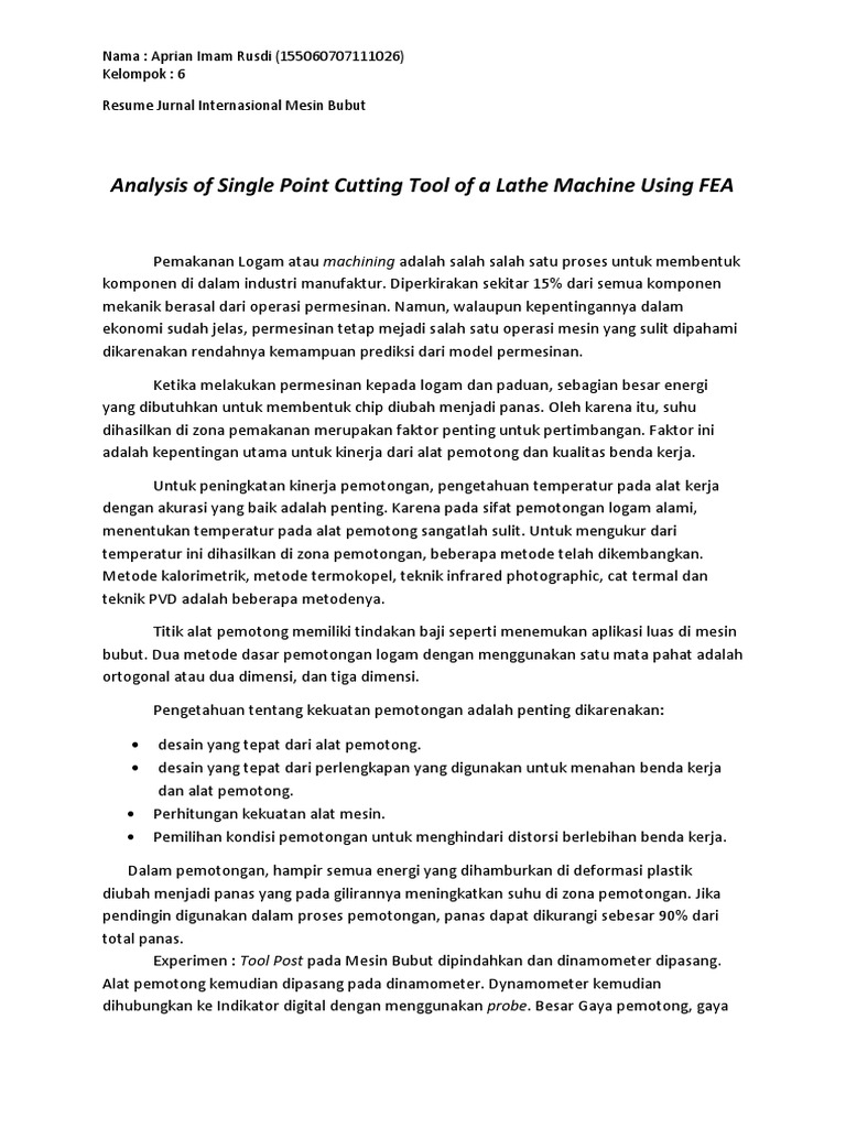 Resume Jurnal Mesin Bubut  Resume Jurnal Mesin Bubut