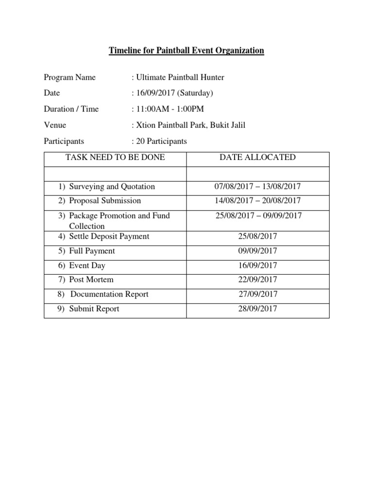 Timeline For Paintball Event Organization PDF