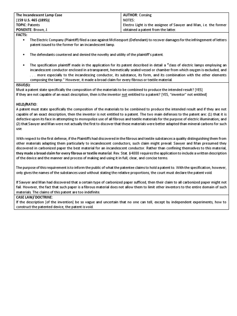 27 Incandescent Lamp Case (Consing) PDF Patent Claim Patent