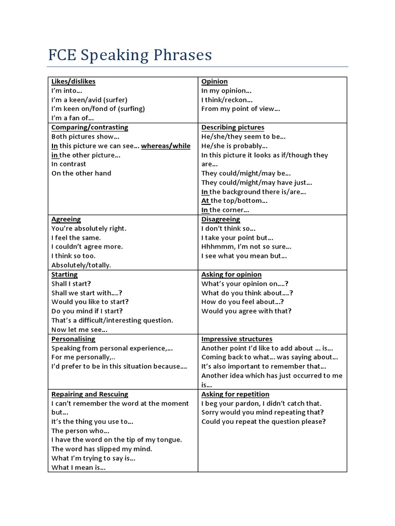 Useful Expressions For Speaking Fce