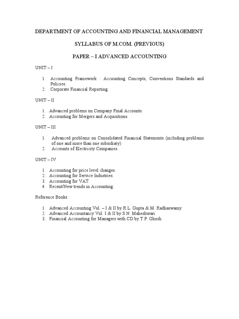 Department of Accounting and Financial Management Paper - I Advanced ...
