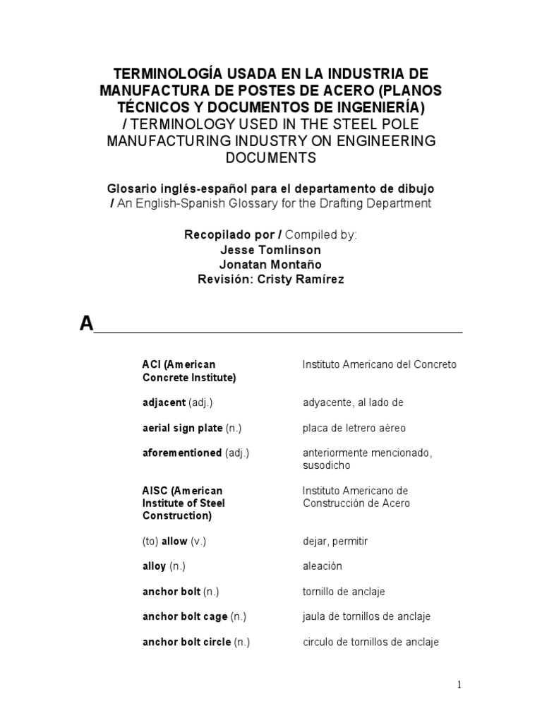 Terminología Usada en Postes de Acero Ingles Español PDF