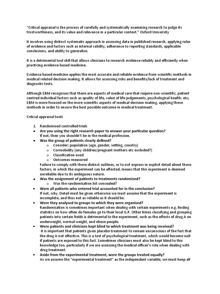 Critical Appraisal - Part 1 Assignment | PDF | Evidence Based Medicine ...