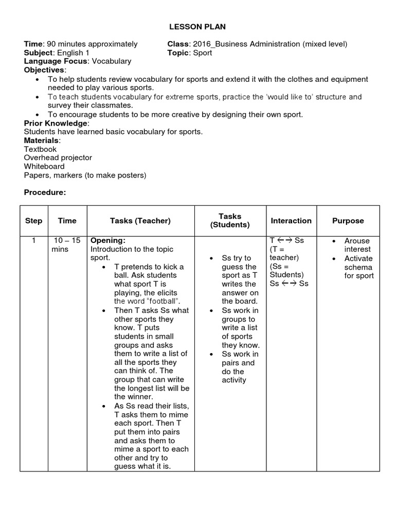 Lesson Plan Sport PDF Lesson Plan Vocabulary