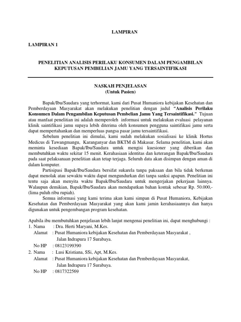 Contoh PSP Informed Consent Penelitian Jamu | PDF