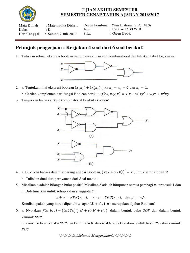 Contoh Soal Dan Jawaban Aljabar Boolean Matematika Diskrit - Contoh