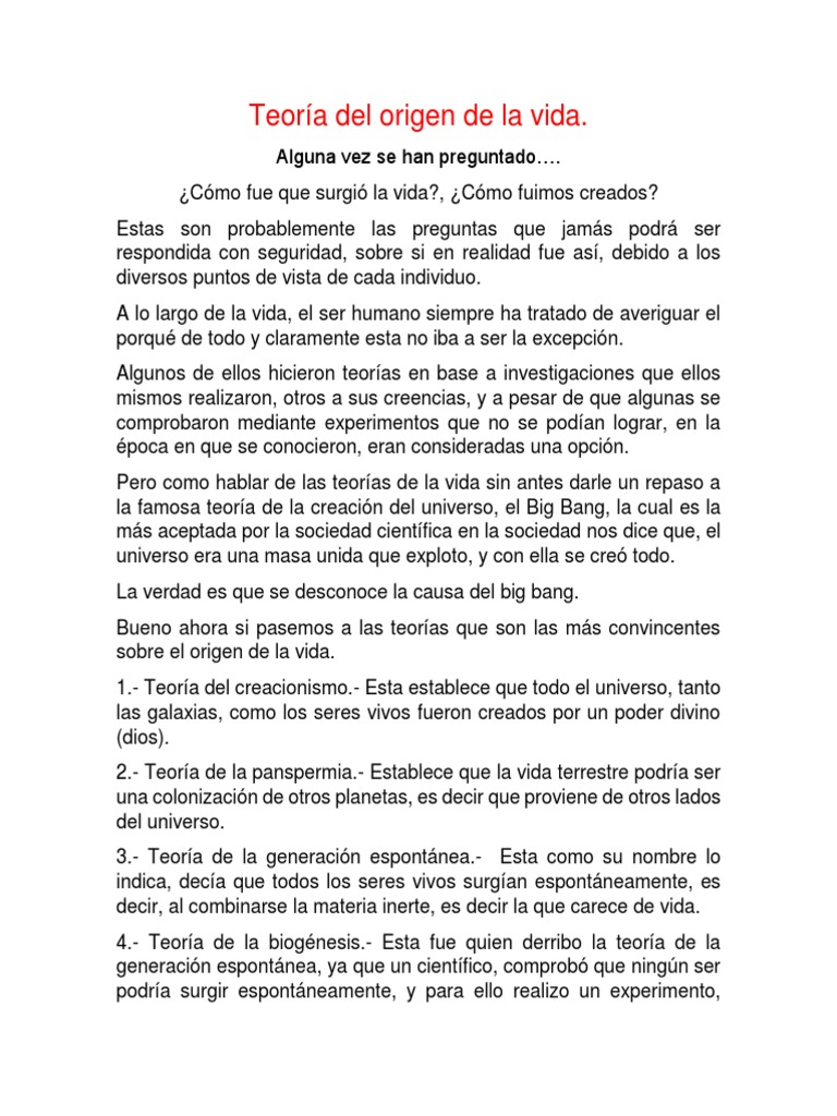 Teorías del Origen de la Vida | PDF | Teoría | Vida