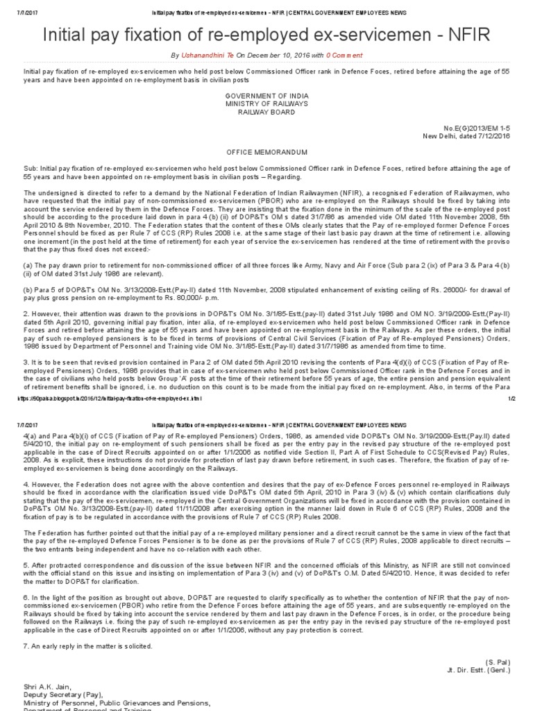 Initial Pay Fixation Of Re Employed Ex Servicemen Nfir Central Government Employees News Officer Armed Forces Politics