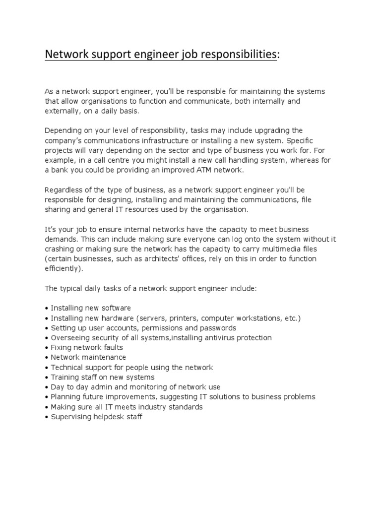 Network Support Engineer Responsibilities | PDF