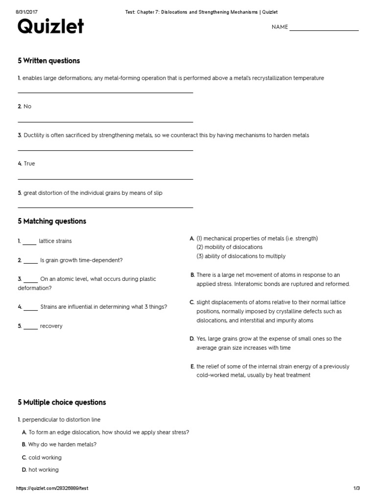 Test Chapter 7 Dislocations and Strengthening Mechanisms Quizlet