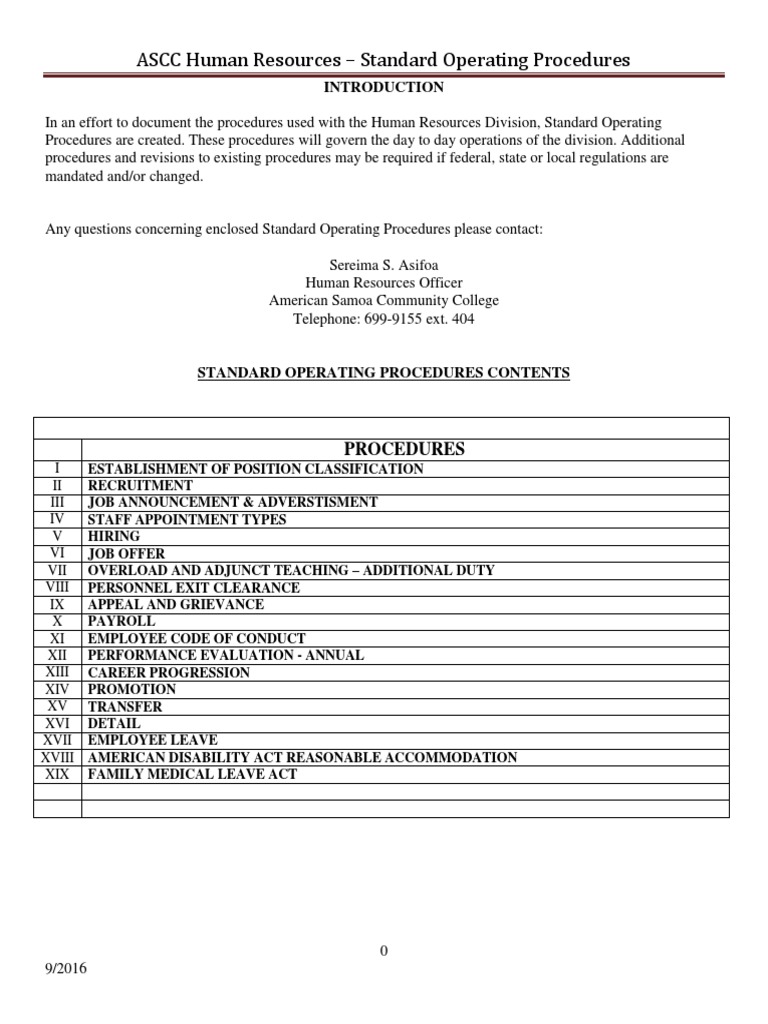 ASCC HR Standard Operating Procedures | PDF | Human Resources | Overtime