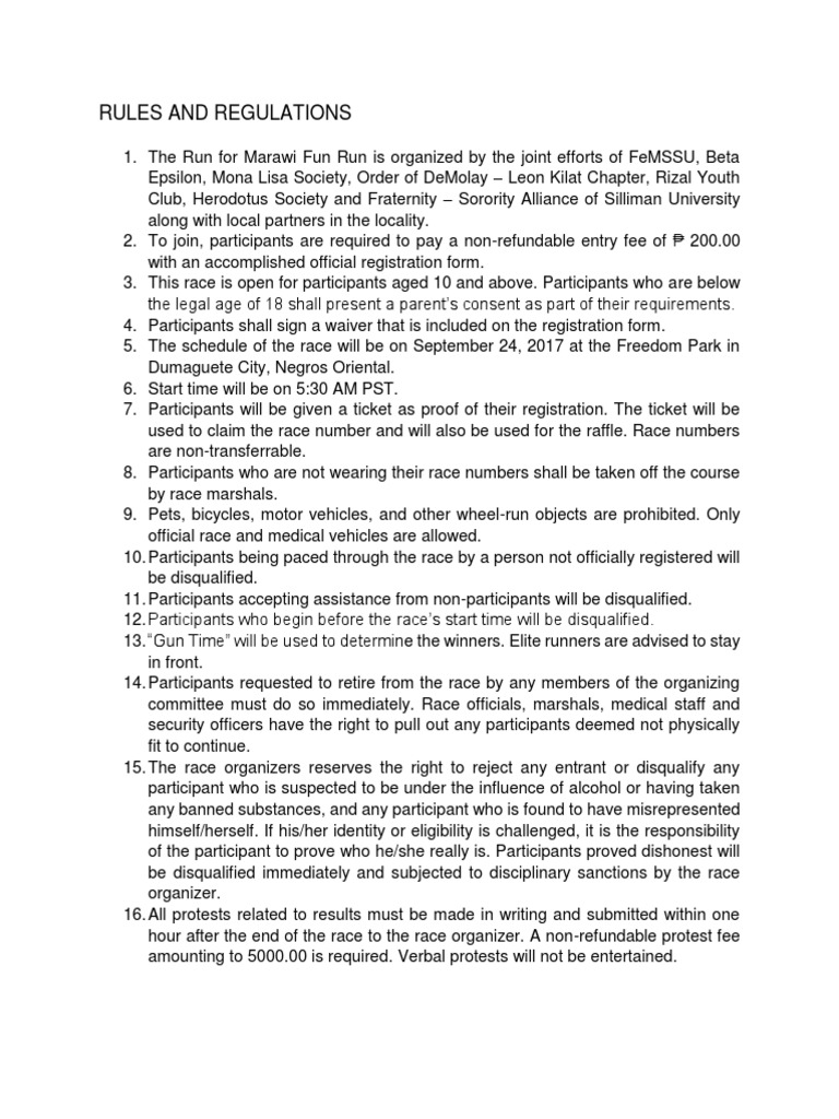 Sample Rules and Regulations for Fun Run Fraternities And Sororities