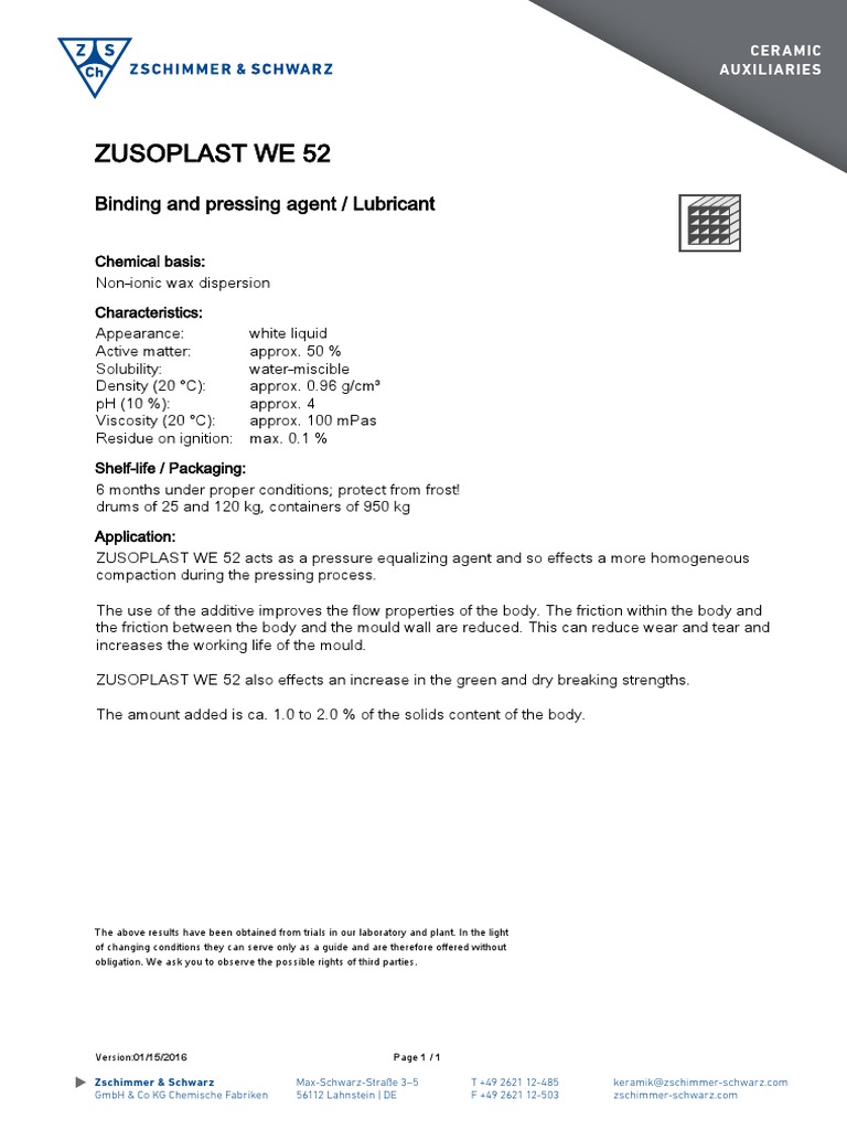 ZUSOPLAST WE 52: Ceramic Additive Guide | PDF | Technology & Engineering