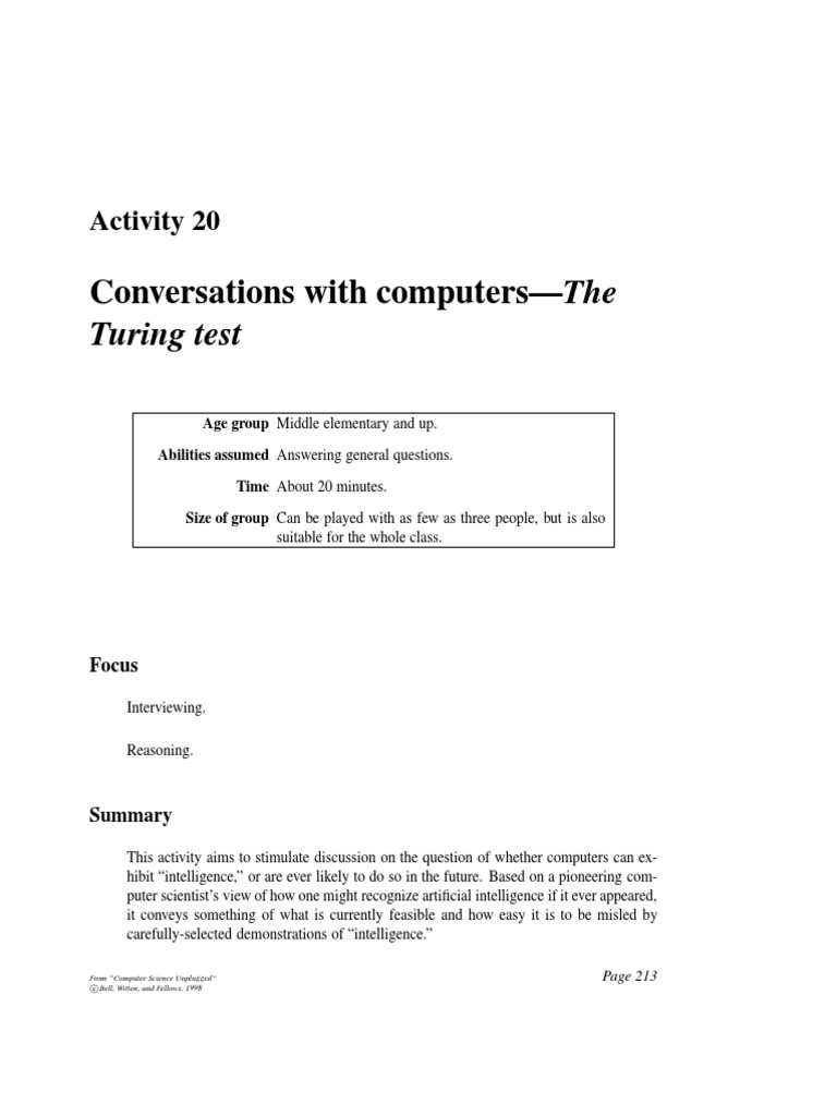 Unplugged-20-The Turing Test 0 | PDF | Artificial Intelligence ...
