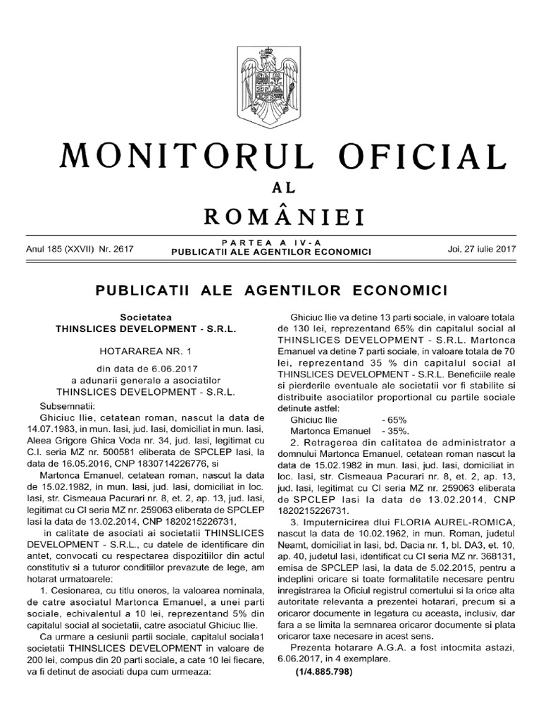 Monitorul Oficial Partea Iv Nr 2617 Din 27 07 2017