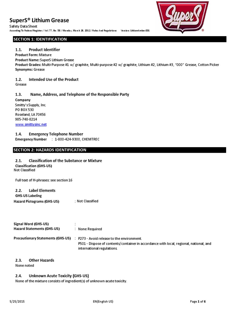 2 Lithium Grease SDS 052515 Personal Protective Equipment Toxicity