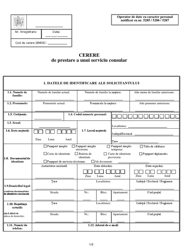 Cerere de prestare a unui serviciu consular