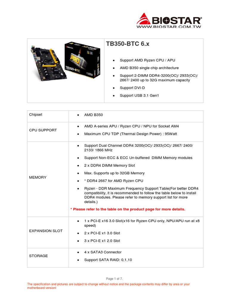 BIOSTAR TB350-BTC AM4 AMD B350 SATA 6Gb/s USB 3.1 ATX AMD