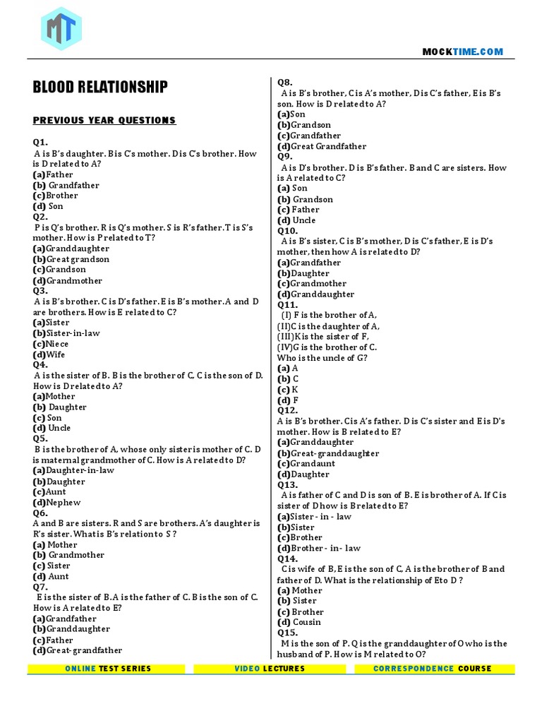 Blood Relation Questions and Answers | PDF | Living Arrangements ...