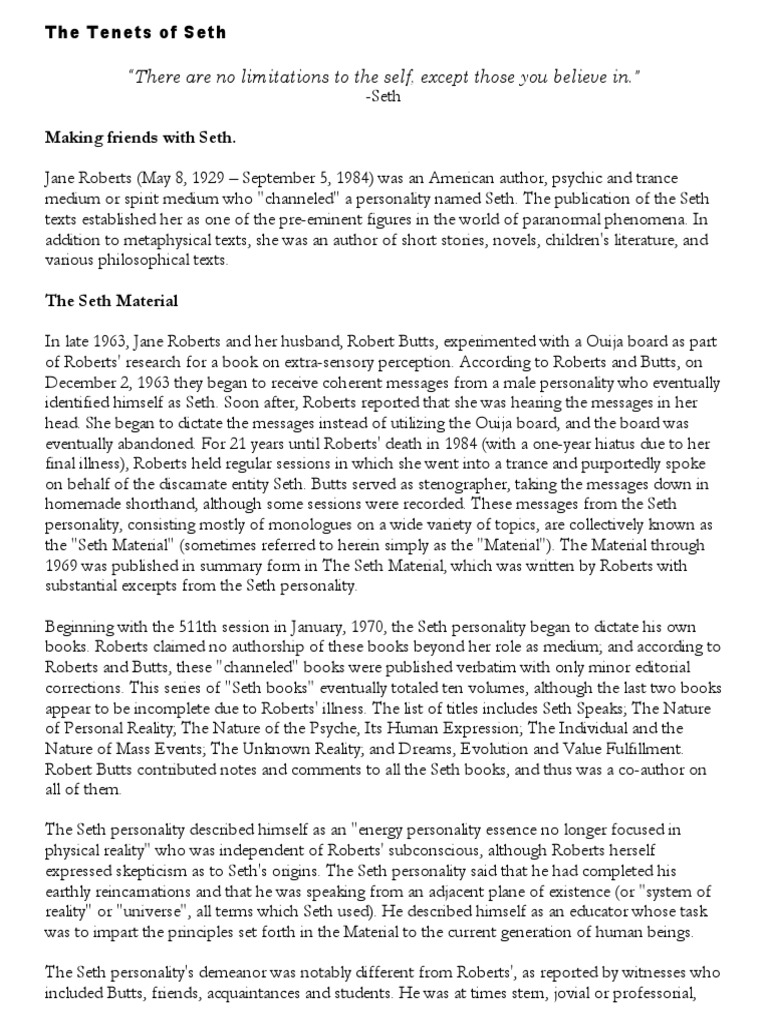 Summary, Tenets, Quotes of The Seth Material PDF | PDF | Reality | Consciousness
