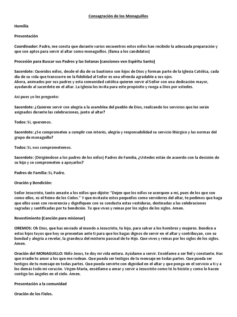 Consagración De Los Monaguillos Pdf Sacerdote Oración