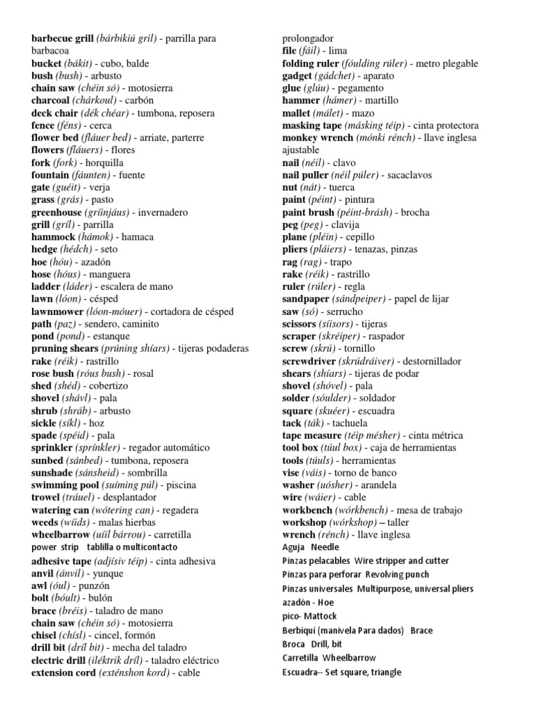 Vocabulario Ingles para Jardineria y Uso Comun de Herramientas | PDF |  Herramientas | Bienes manufacturados