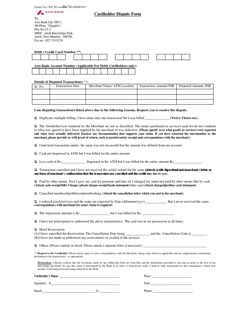 Axis Bank Cardholder Dispute Form | PDF | Credit Card | Financial ...