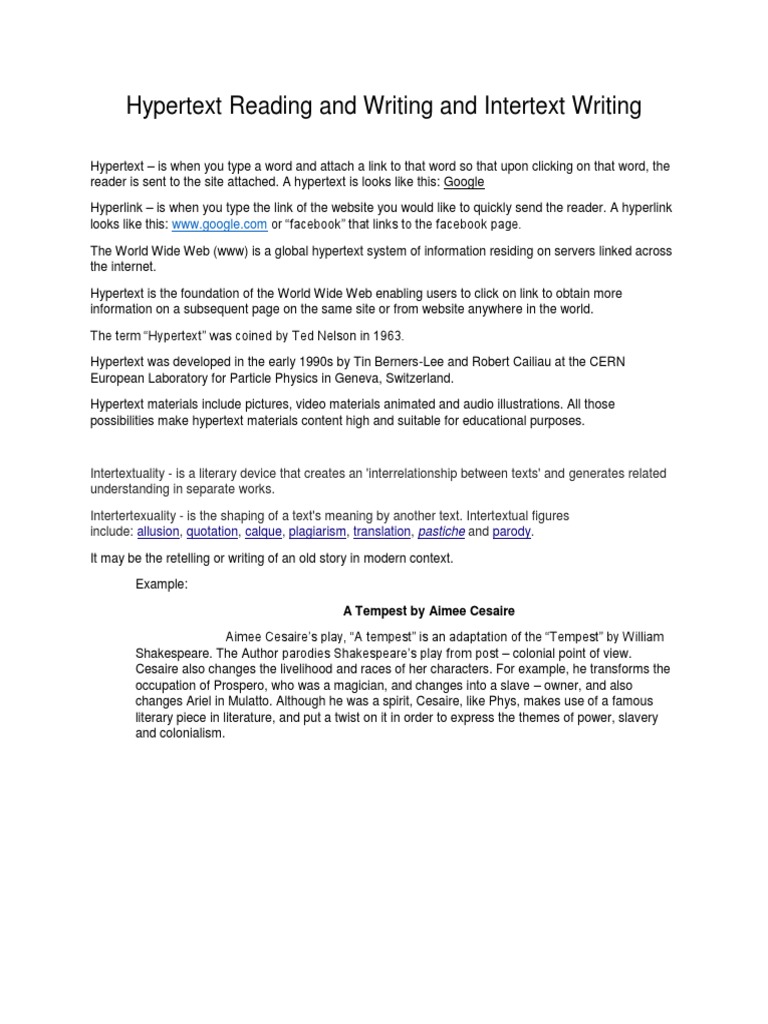 Hypertext Reading and Writing and Intertext Writing Intertextuality