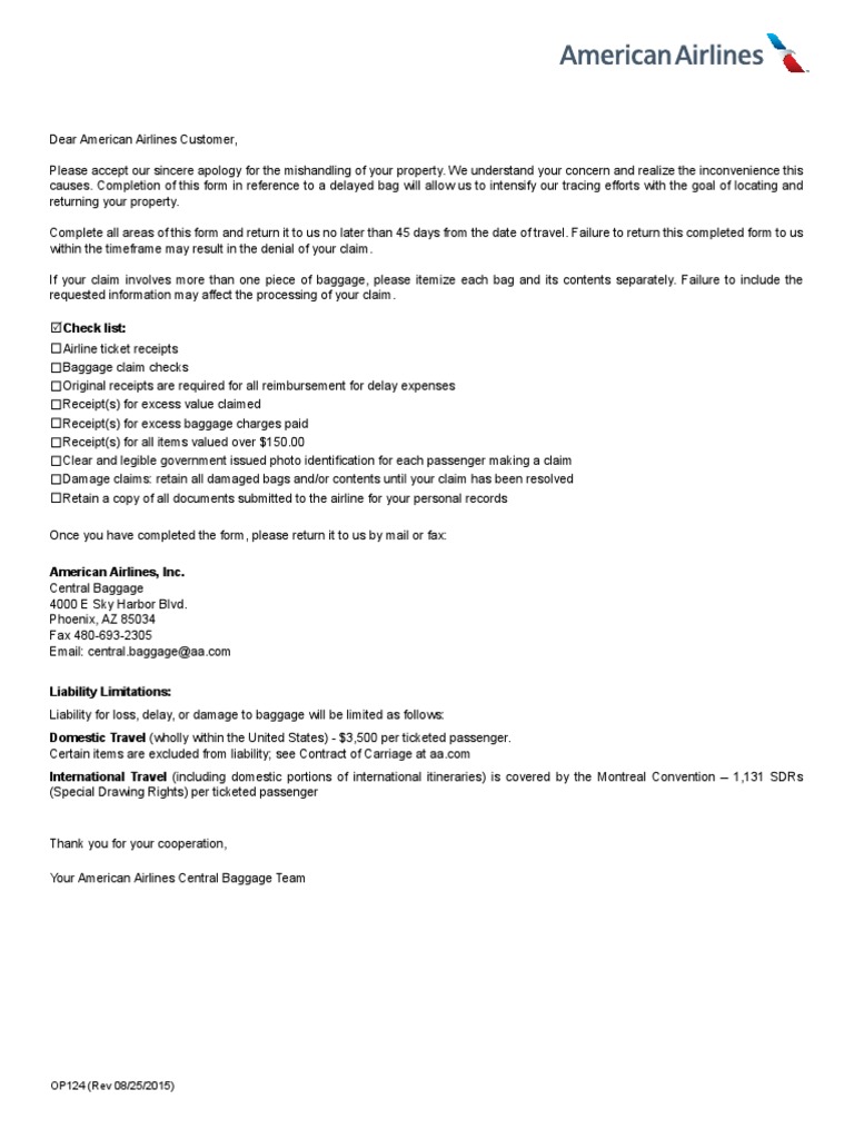 American Airlines Lost Baggage Claim Form For Sale Off 68