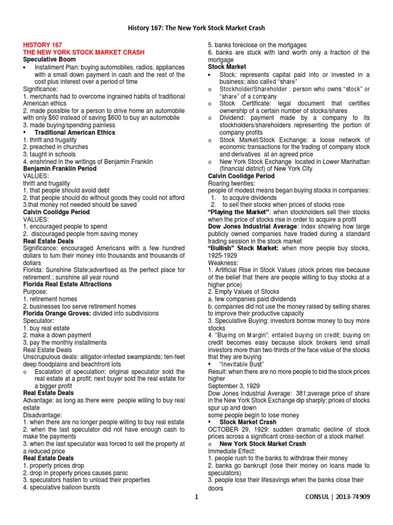 History 167 The New York Stock Market Crash PDF Speculation Stock