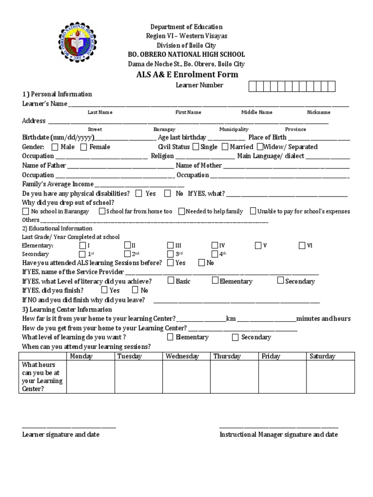 ALS Enrolment Form Traditions Quality Of Life