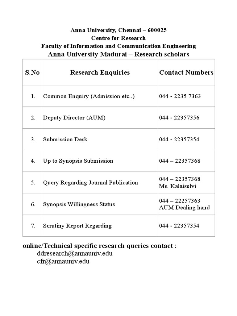 Anna University Research Contact Numbers | PDF | Computers | Technology ...