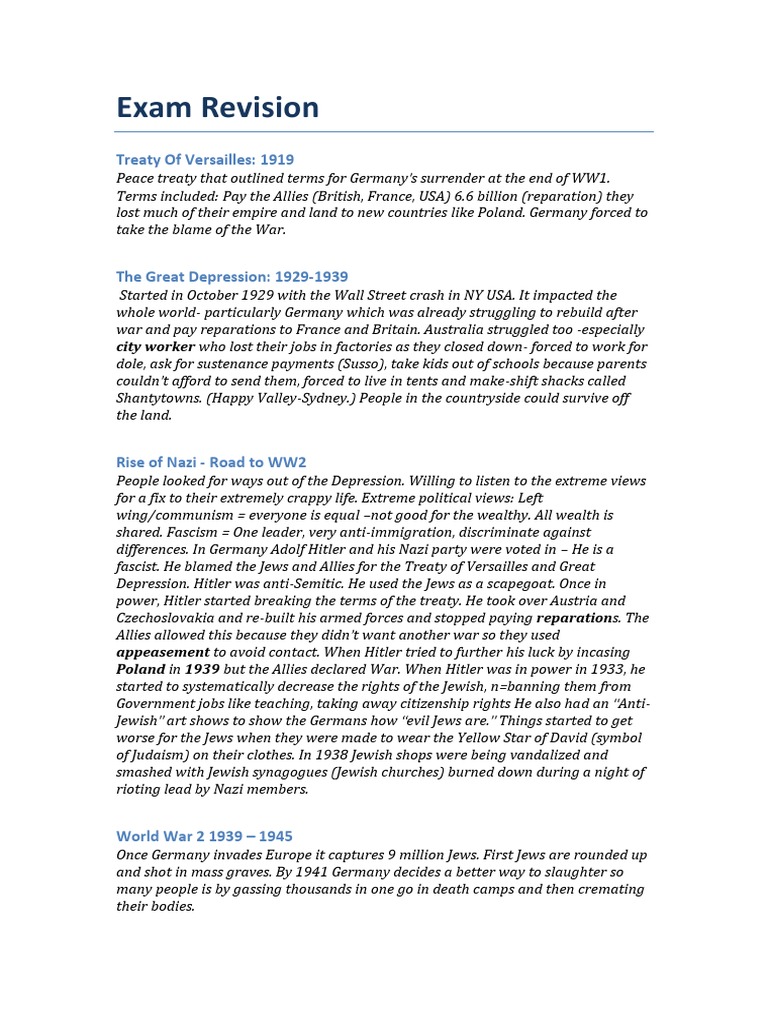 Exam Revision: Treaty of Versailles: 1919 | PDF | Prisoner Of War ...