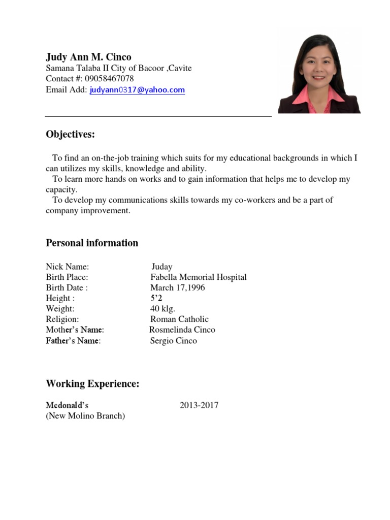 Judy Ann Cinco's Internship Resume | PDF