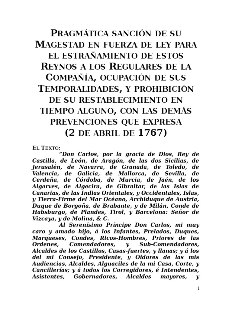 Pragmática Sanción de 1767 Expulsión de Los Jesuitas PDF Sociedad