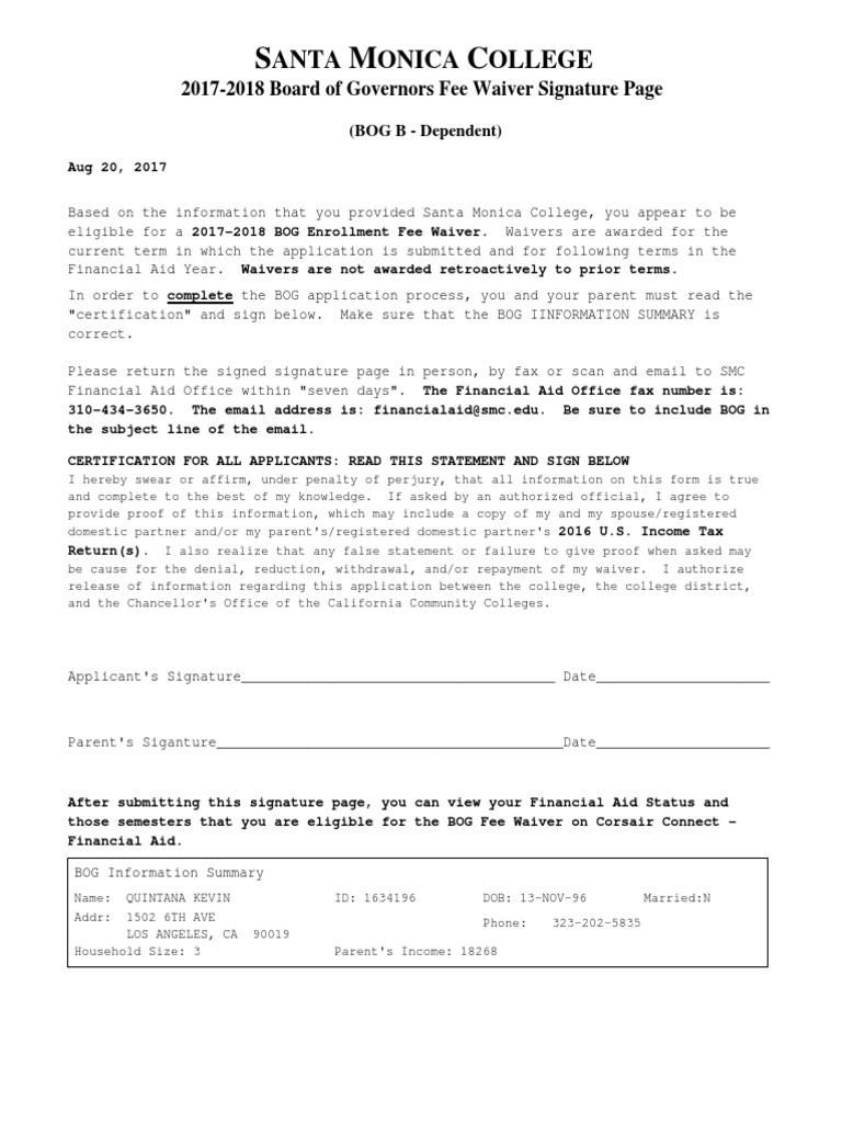 Anta Onica Ollege 20172018 Board of Governors Fee Waiver Signature
