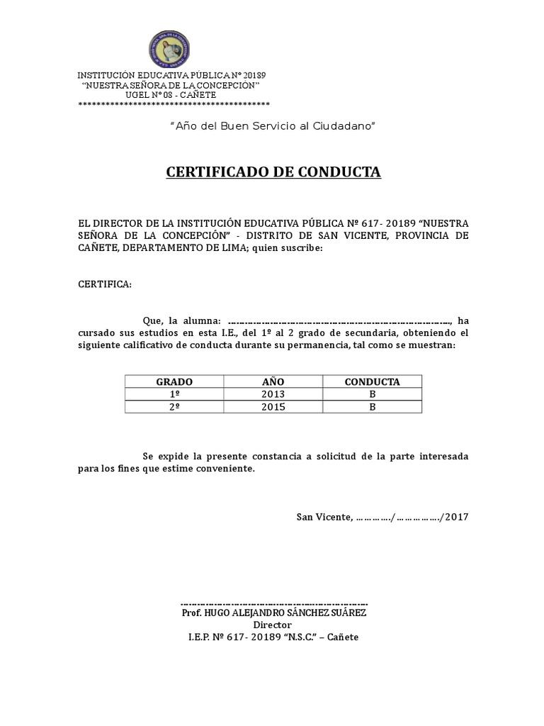 Modelo De Certificado De Conducta De Un Estudiante Peru  Noticias Modelo