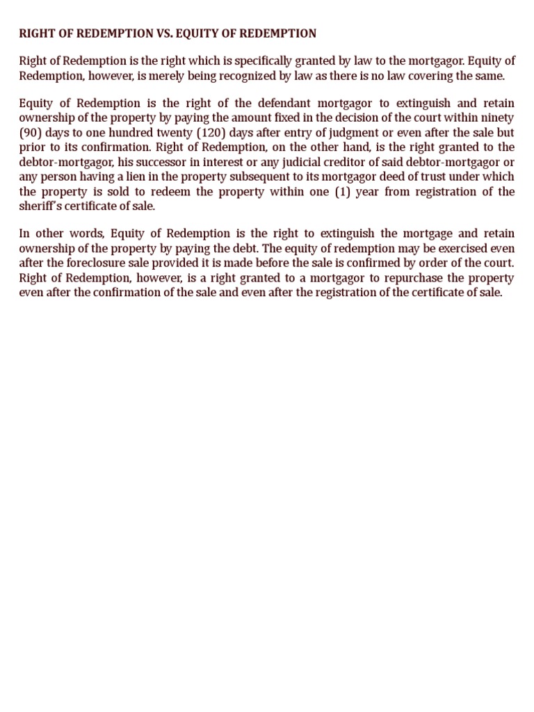 Right of Redemption in Foreclosure Law | PDF